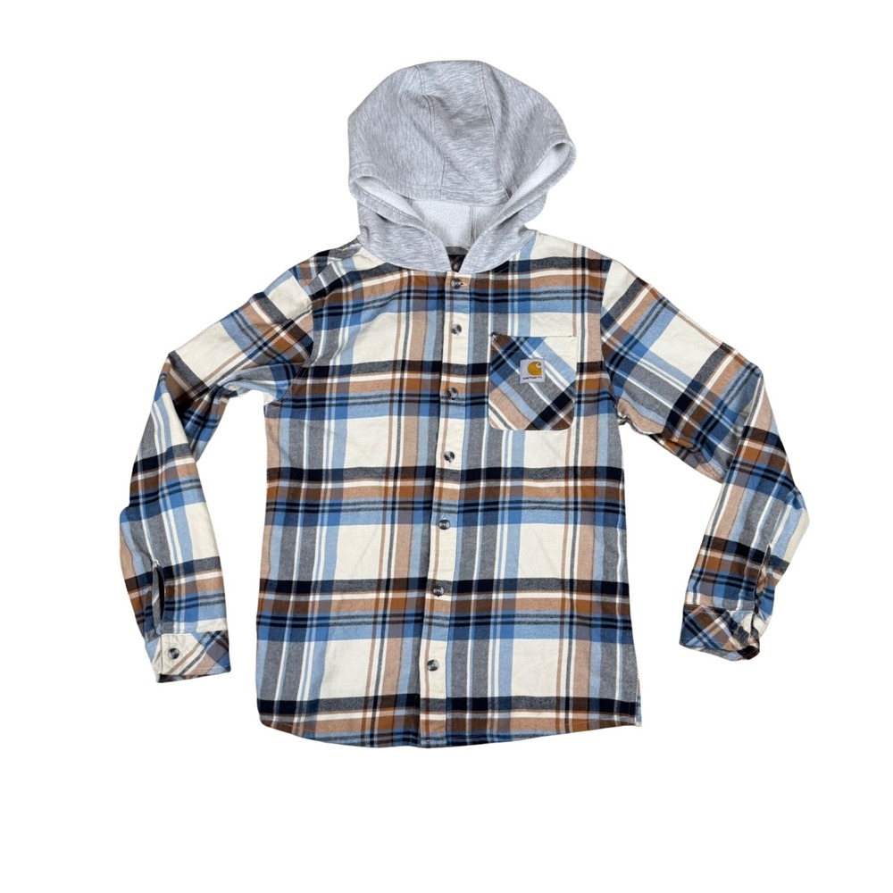 Carhartt Kids Blue Brown Plaid Hooded Flannel Shirt TW8205-B Size L 14-16